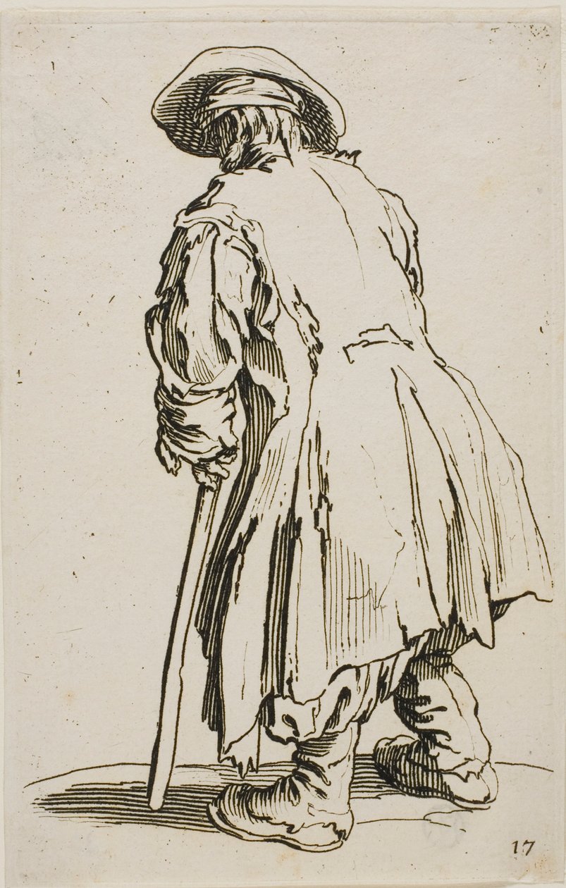 Den gamle tigger, der læner sig op ad sin krykke, tallerken sytten fra Tiggerne af Jacques Callot