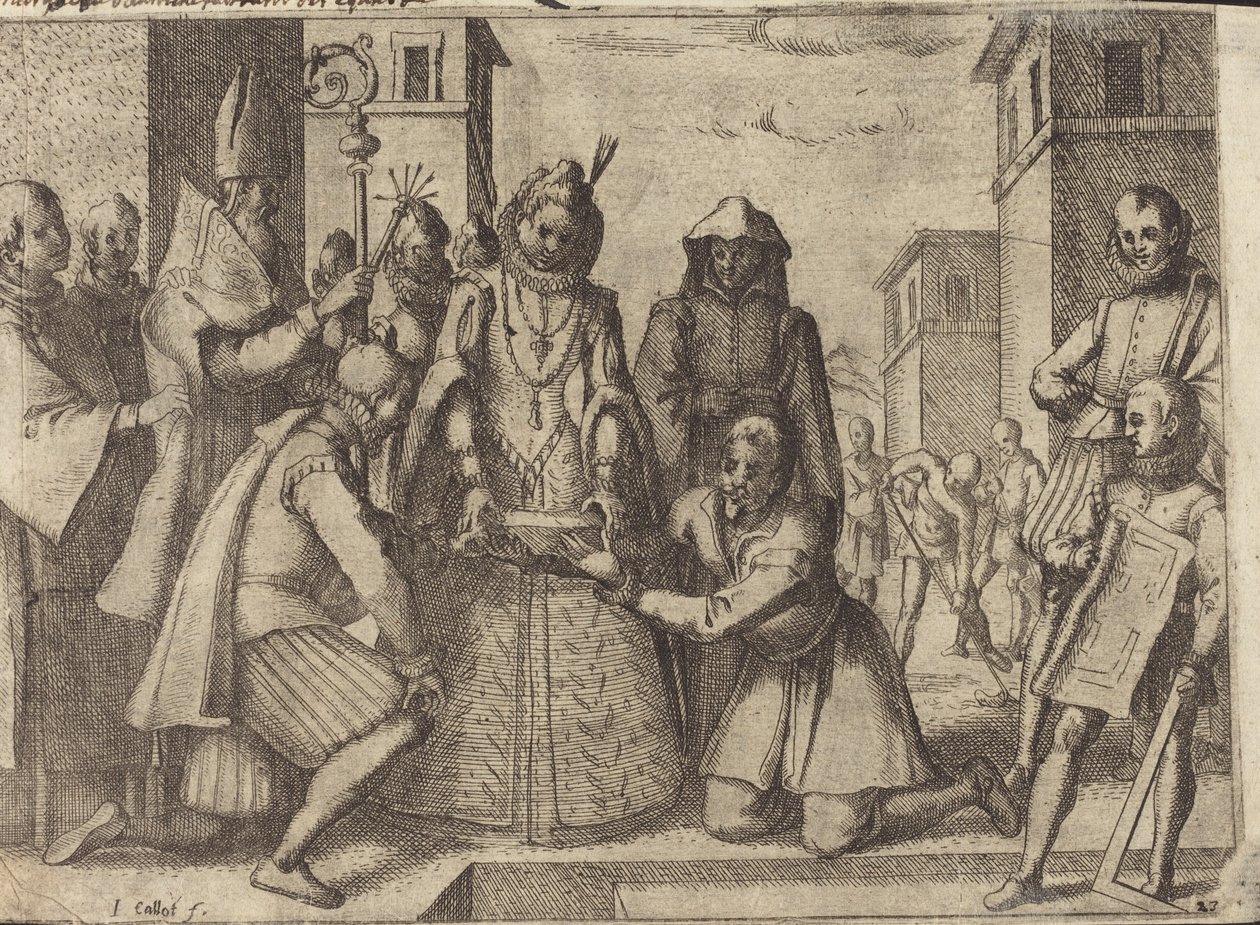 Dronningen lægger den første sten til de Fattige Clares Kirke i Spanien [verso] af Jacques Callot