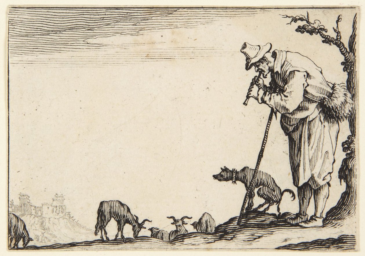 Hyrden, der spiller fløjte af Jacques Callot