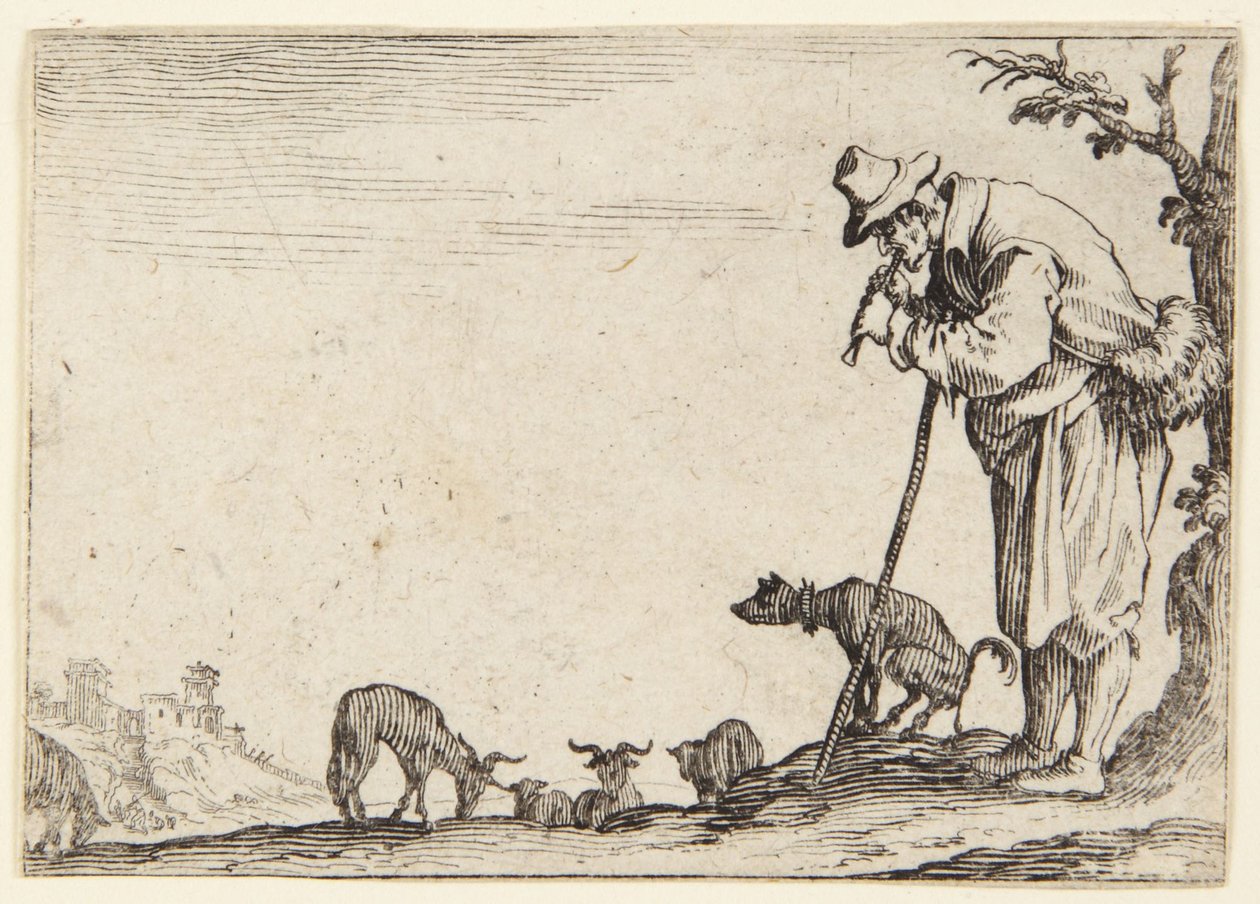Hyrden, der spiller fløjte af Jacques Callot