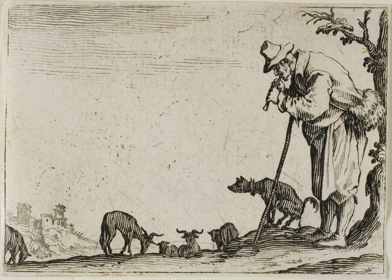Hyrden, der spiller på fløjte, fra The Caprices af Jacques Callot
