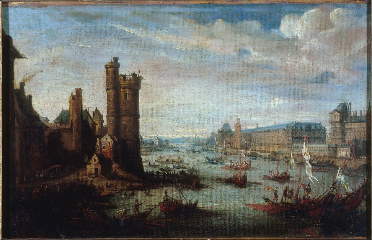 Tour de Nesle, Grande Galerie og Louvre, set fra Pont-Neuf, ca. 1630, mellem 1625 og 1635 (olie på lærred) af Jacques Callot