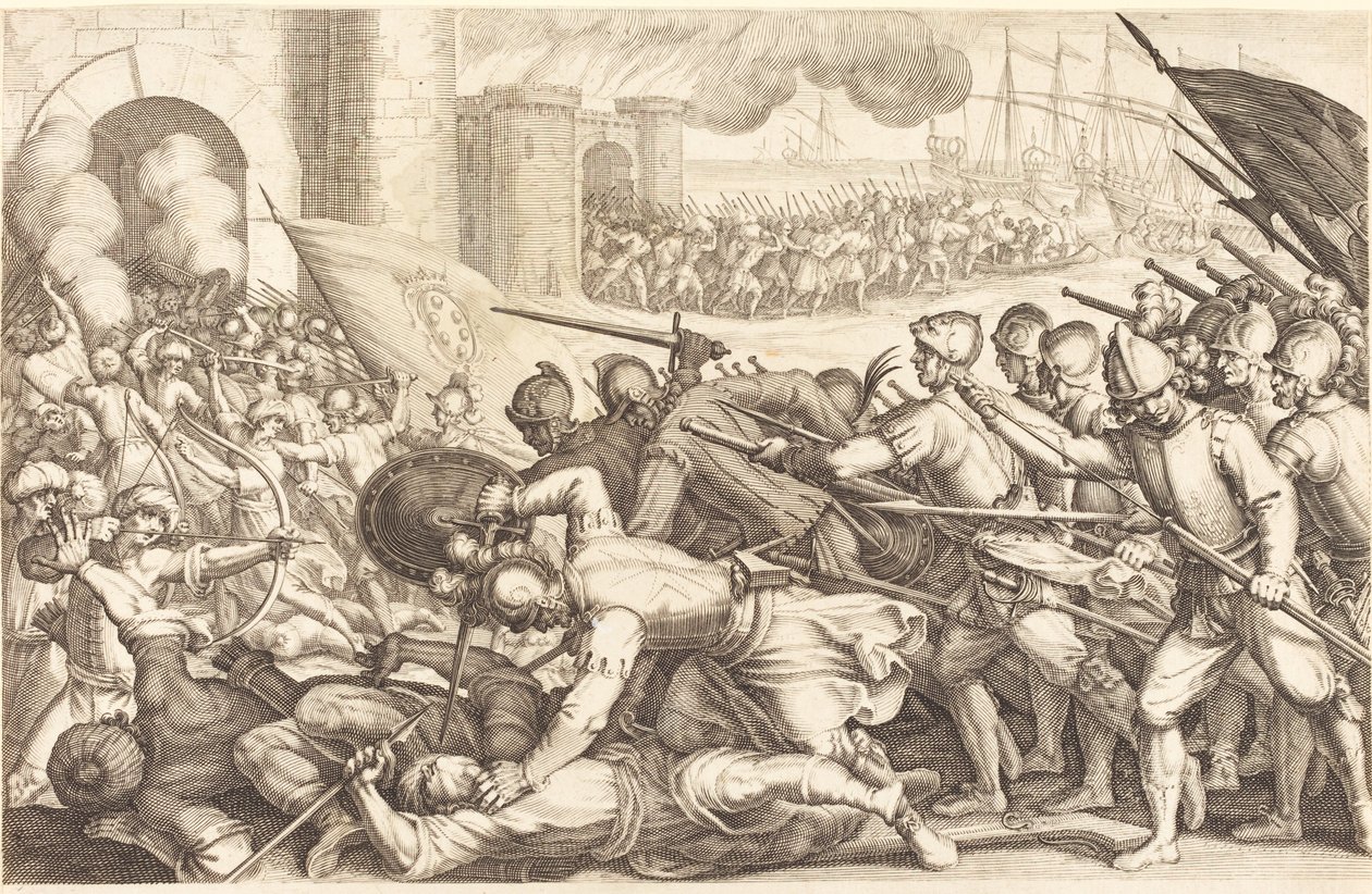 Tropperne tvinger porten til en by af Jacques Callot