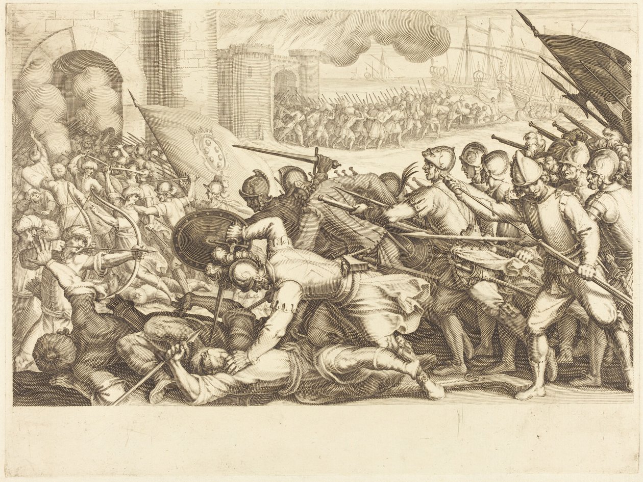 Tropper, der gennembryder en byport af Jacques Callot