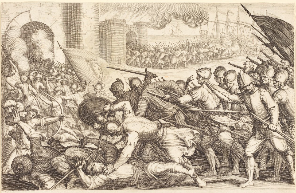 Tropperne tvinger sig gennem porten til en by af Jacques Callot