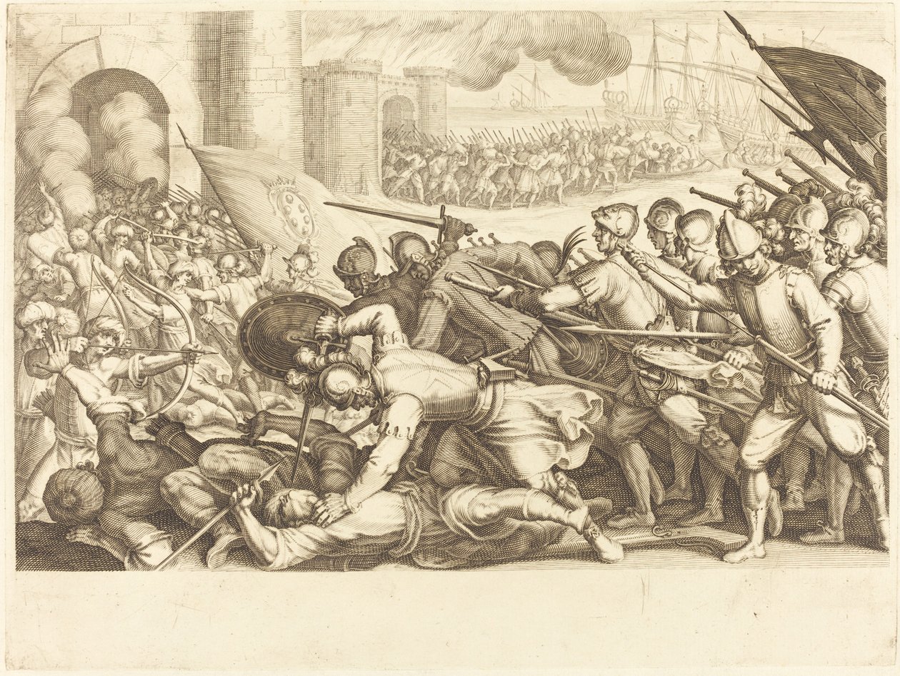 Tropperne, der tvinger porten til en by, ca. 1614. af Jacques Callot
