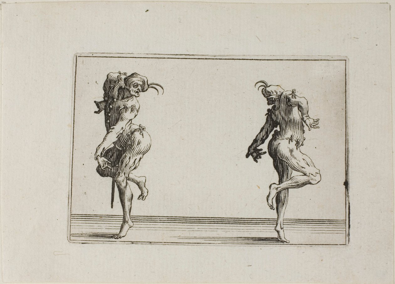 De to pantaloner vender ryggen til, fra Capricerne af Jacques Callot