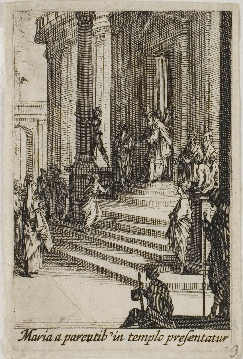 Jomfru Maria præsenteret ved templet, fra Jomfruens liv af Jacques Callot