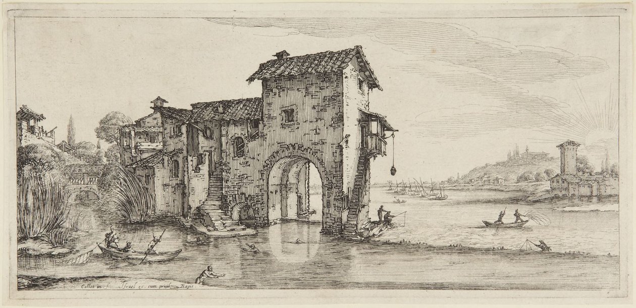 Vandmøllen, fra serien Diverse Vedute Designate in Fiorenza (Forskellige landskaber tegnet i Firenze) af Jacques Callot