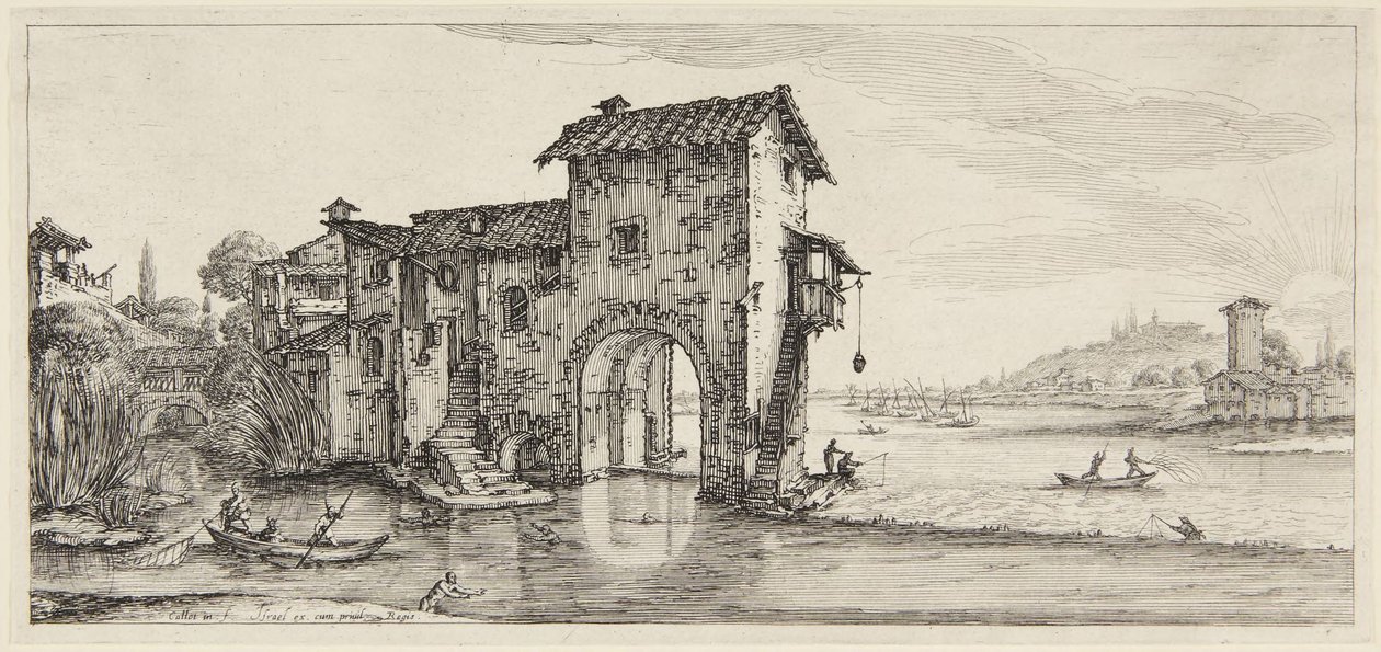 Vandmøllen, fra serien Paysages Gravées pour Jean de Médicis, Paysages Dessinés à Florence af Jacques Callot