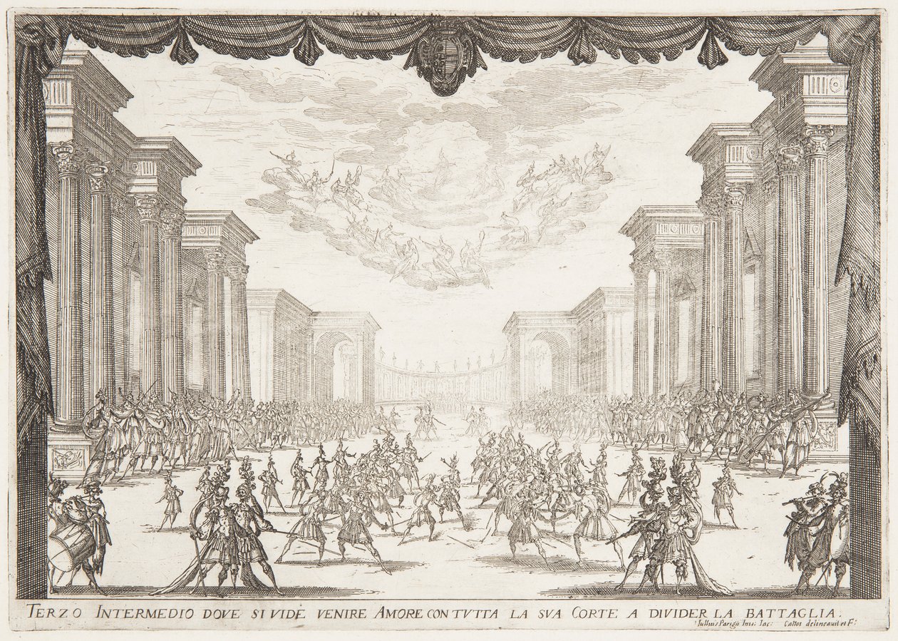 Tredje intermezzo, Slaget stoppes af kærlighedens ankomst med hendes Cortege af Jacques Callot