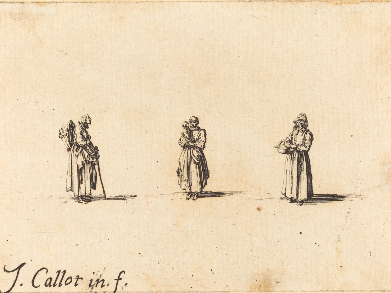 Tre kvinder, den ene holder et barn af Jacques Callot