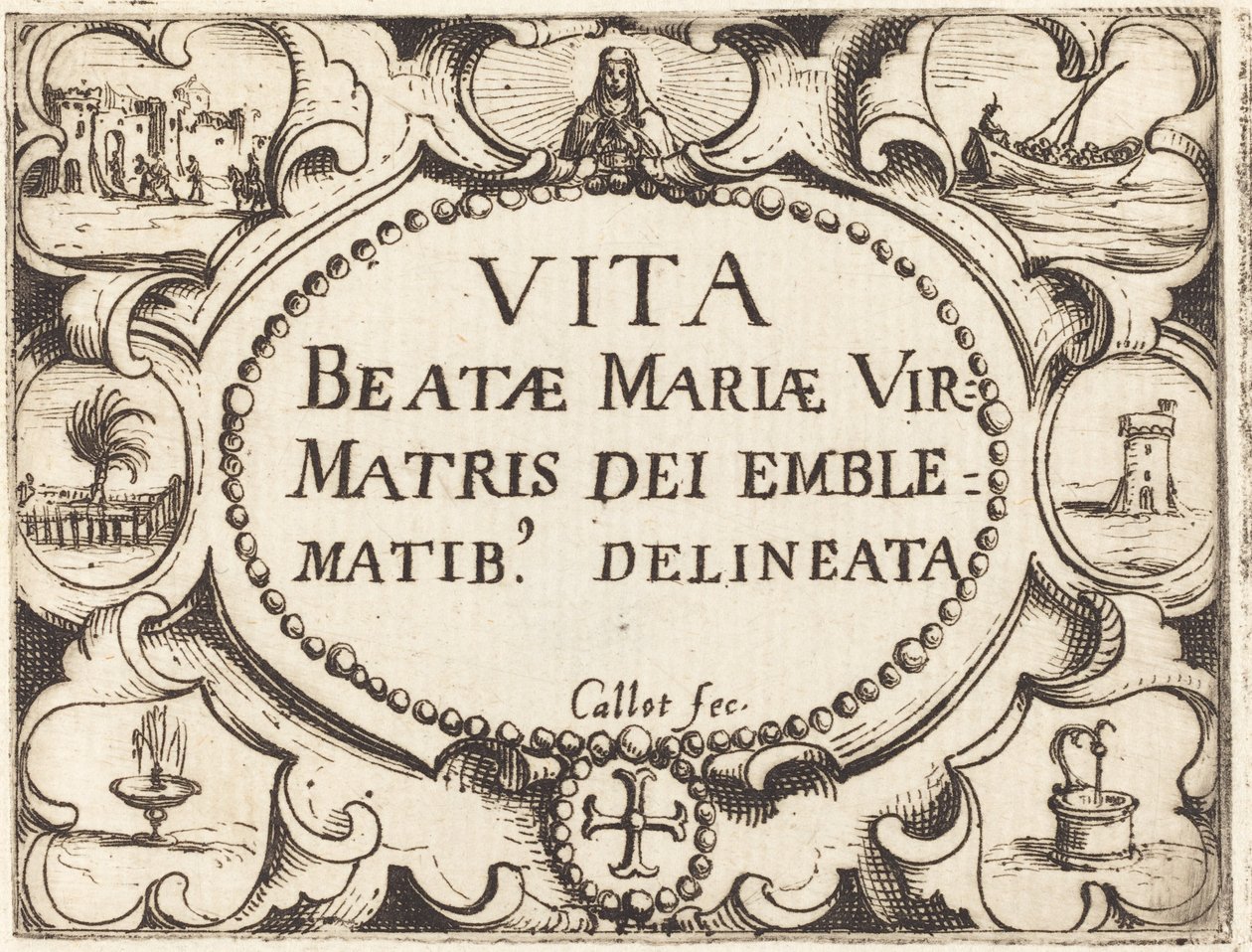 Titelside for "Jomfruens liv i emblemer" af Jacques Callot