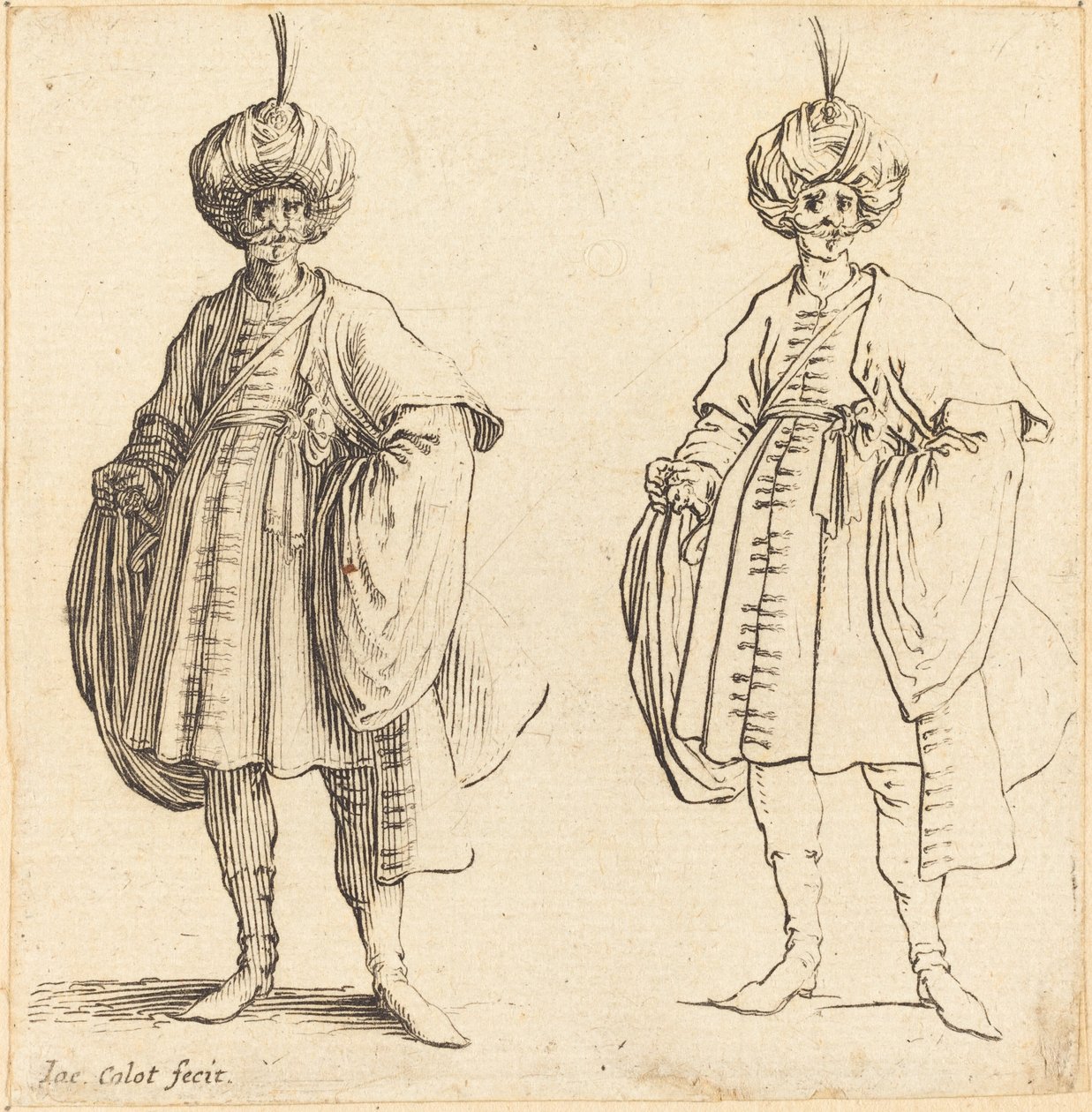 To tyrkere klædt i turbaner med en fane. af Jacques Callot