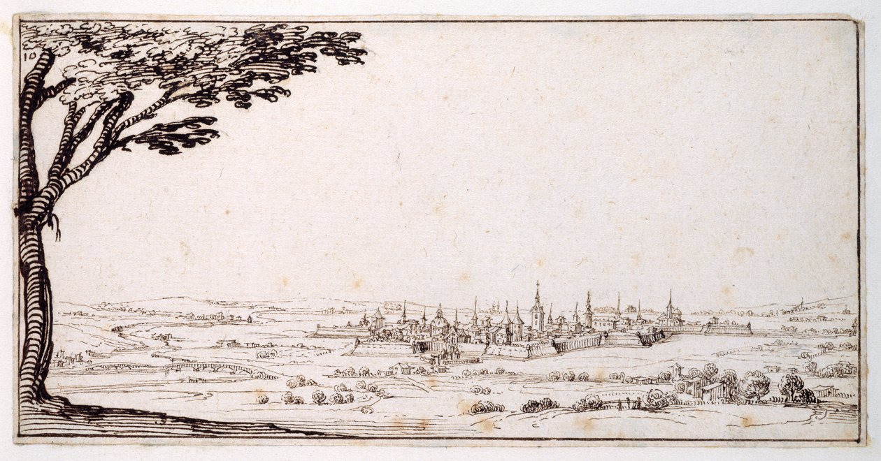 Udsigt over Nancy (pen og brunt blæk på papir) af Jacques Callot