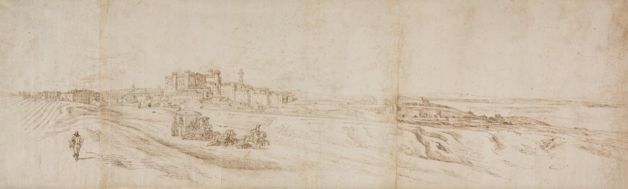 Udsigt over Castello Bracciano, nær Rom med bus og figurer af Jacques Callot