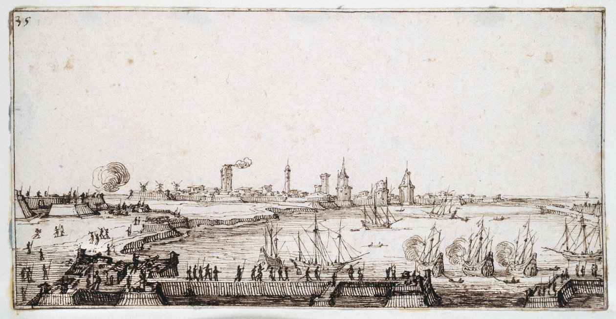 Udsigt over havnen i La Rochelle med galeoner, der affyrer en salut (pen og brunt blæk på papir) af Jacques Callot