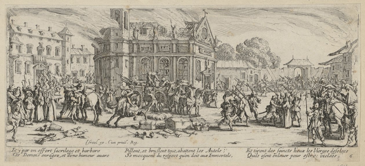 Ødelæggelsen af et kloster, blad 6 i serien »Krigens rædsler« af Jacques Callot