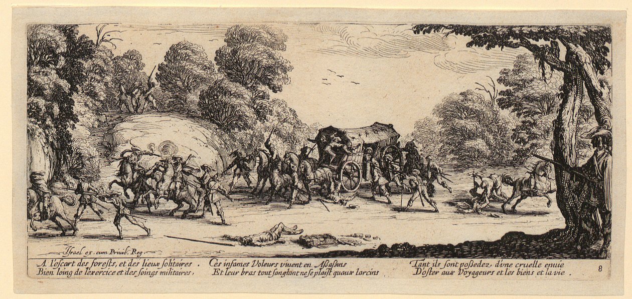 angreb på en postvogn, side 8 i serien »Krigens grå sider« af Jacques Callot