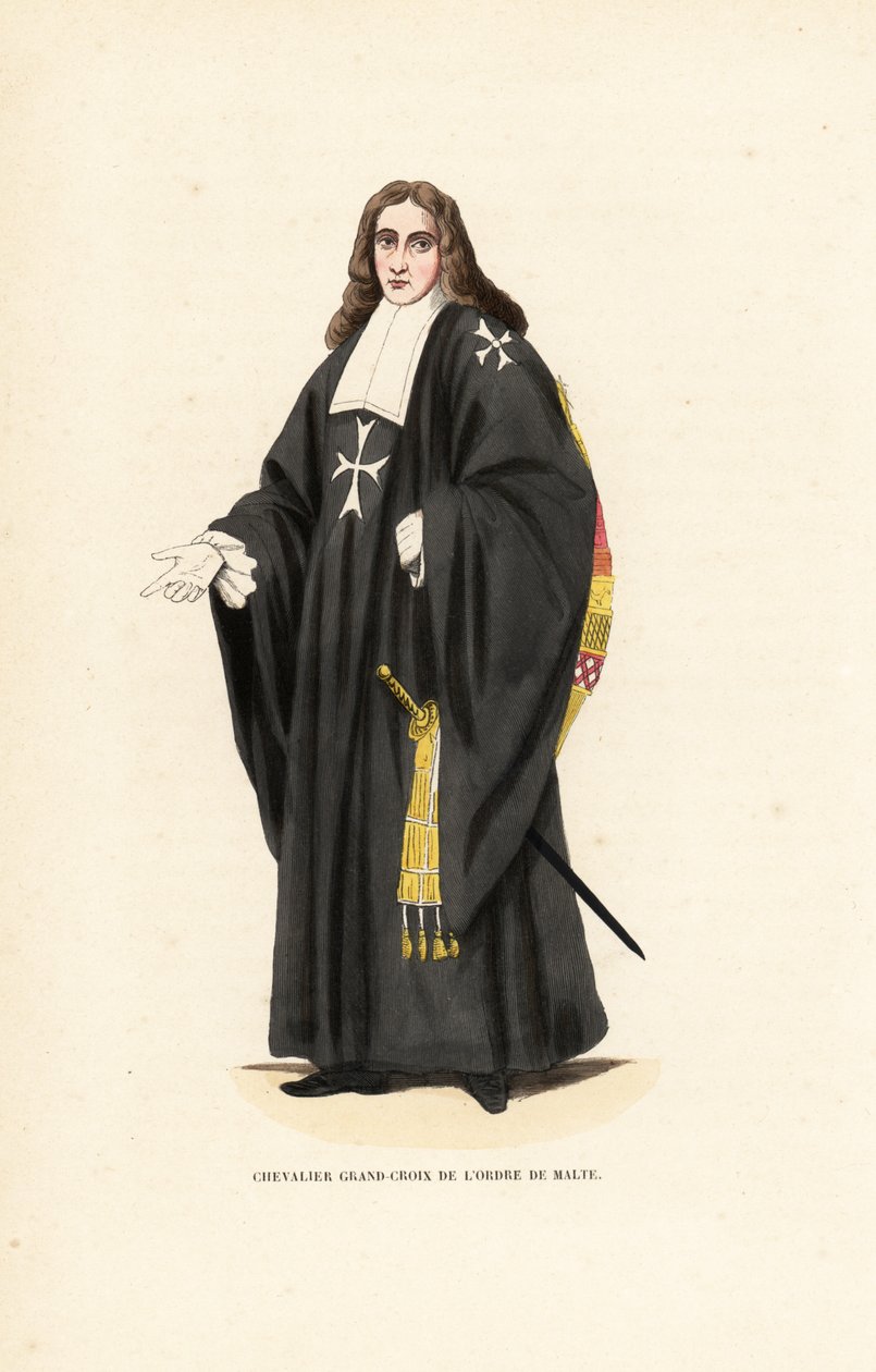 Grand Cross of the Knights Hospitaller, Order of Malta, Order of Knights of the Hospital of Saint John of Jerusalem, Chevalier Grand-Croix de l’Ordre de Malte. Håndfarvet træblokgravering efter en illustration af Jacques Charles Bar fra Abbot Tiron