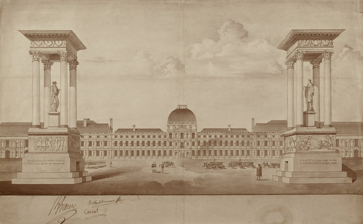 Plan for, at monumenterne til minde om 14. juli og 10. august skal placeres på Place du Carrousel (pen og blæk på papir) af Jacques Delannoy