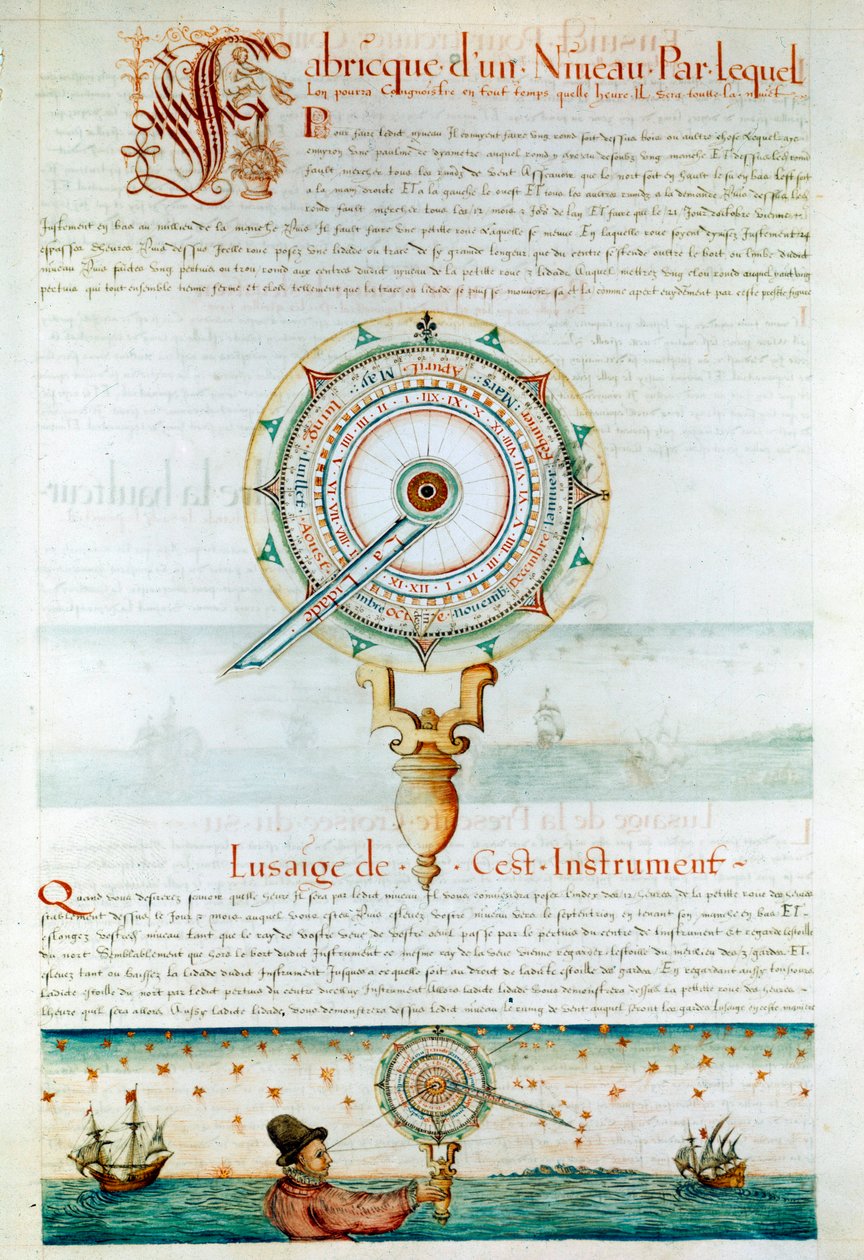 Navigationsinstrumenter: navigator ved hjælp af et astrolabium. Side taget fra "" Les Premieres Works de Jacques Devaulx Pilot en la Marine"" af Jacques de Vaulx (1500-tallet) af Jacques Devaulx