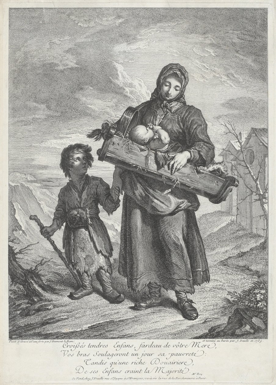 En ung mor, der bærer en tremmeseng af Jacques Dumont Le Romain, finished by Jean Daullé