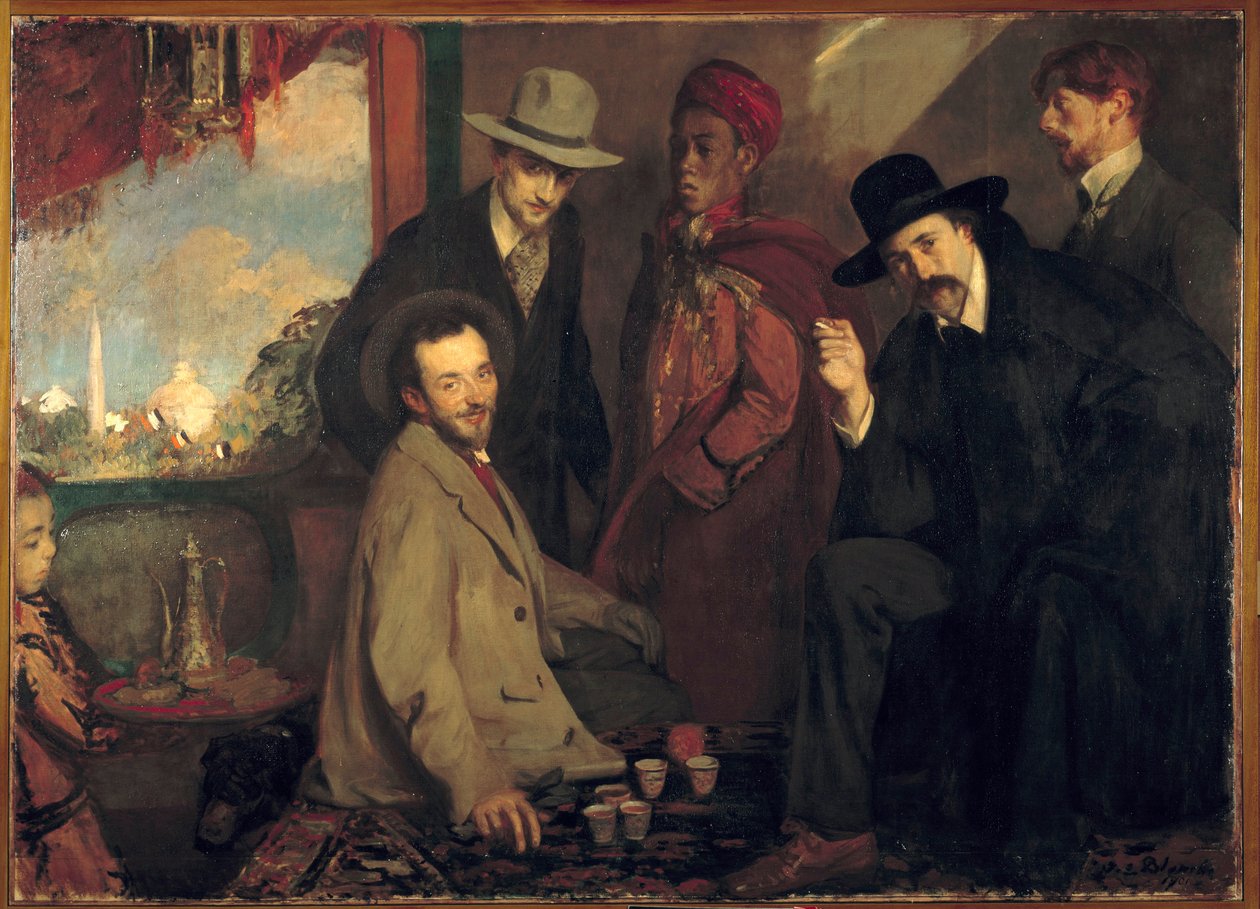 Andre Gide og hans venner på cafeen Maure of the World Exposition of 1900 (Eugene Rouart; Charles Chanvin; Athman Ben Salah; Henri Gheon) Maleri af Jacques Emile (Jacques-Emile) Blanche (1861-1942) 1900 Søn. 1,56x2,2 m Rouen, Musee des Beaux Arts af Jacques Emile Blanche
