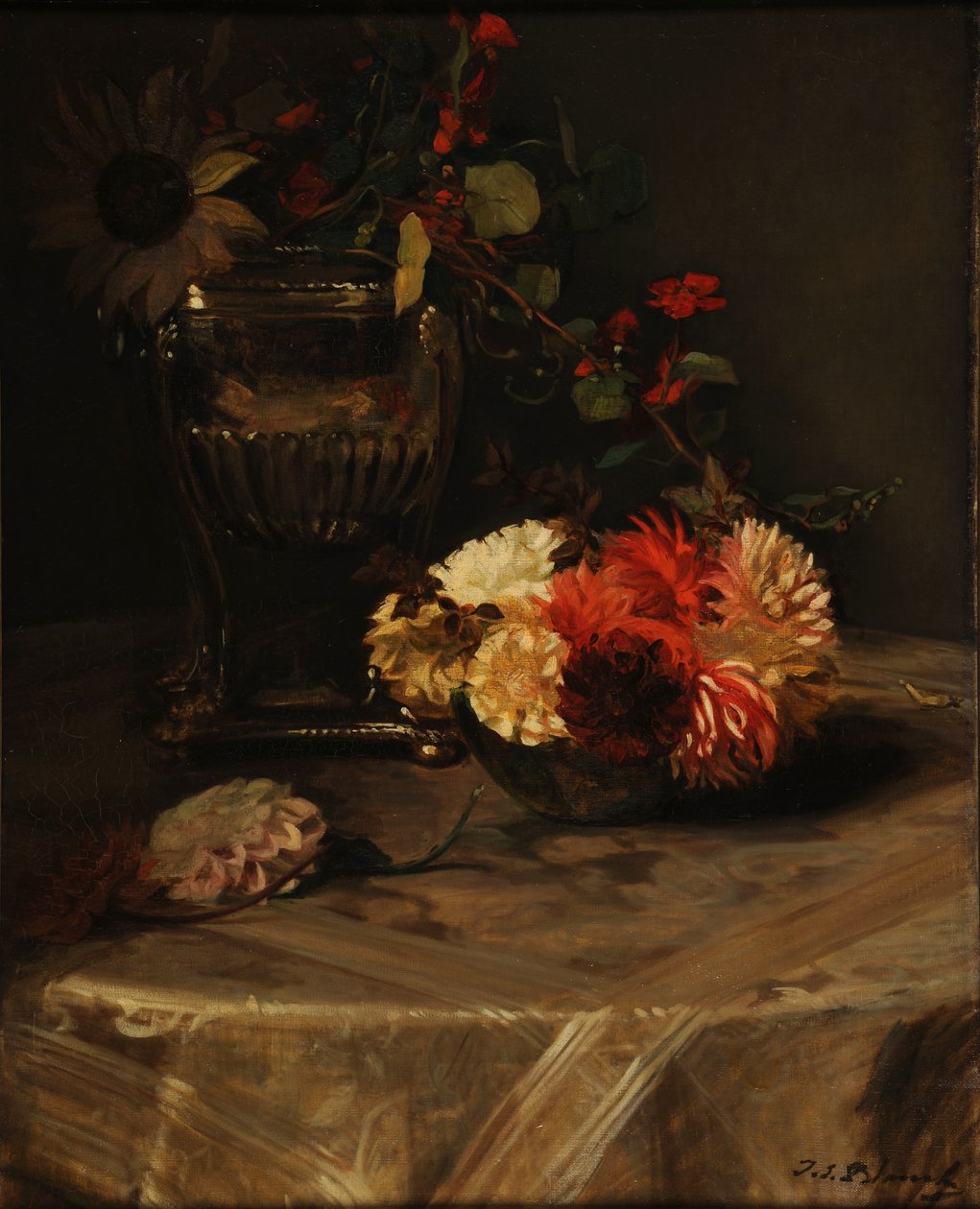 Dahliaer og nasturtium med en sølvurne af Jacques Emile Blanche