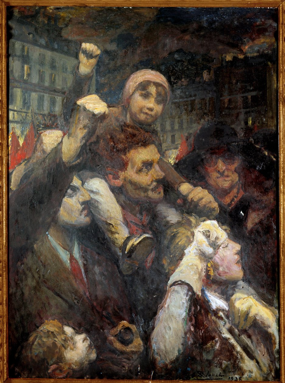 Folkefronten: "" Folkelig Demonstration i Paris i 1938"" Parisere i alle aldre løfter næverne som et tegn på venstreorienteret politisk engagement i Paris