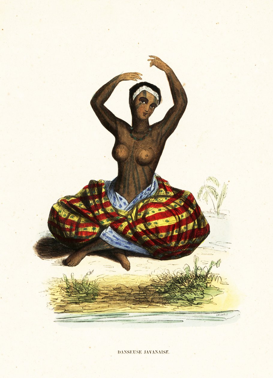 Tatoveret og barbarmet ung kvinde danser en hula mens hun sidder på jorden af Jacques Etienne Victor (after) Arago