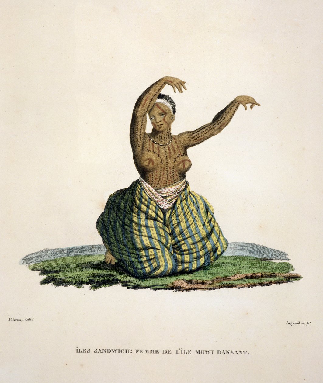 Dansende kvinde fra øen Maui på Hawaiiøerne, graveret af Parfait Augrand (f.1782) af Jacques Etienne Victor Arago