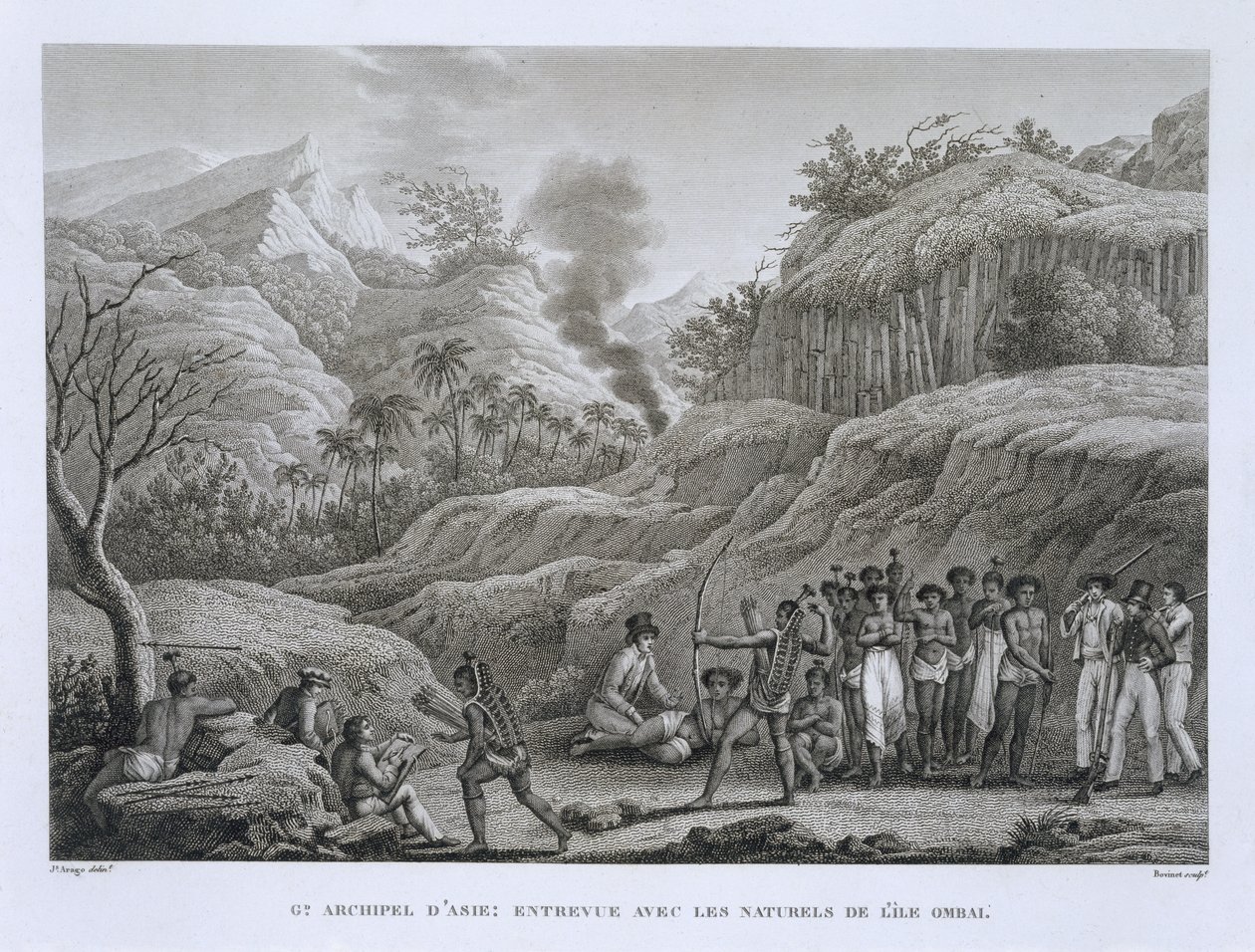 Great Asian Archipelago: Franske opdagelsesrejsende med indfødte på øen Ombai, fra Voyage Autour du Monde (1817-20), af Louis Claude De Saulces de Freycinet (1779-1842) graveret af Bovinet, udgivet af Jacques Etienne Victor Arago