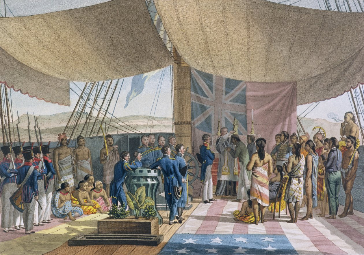 Sandwichøerne: Kongens premierministers dåb om bord på Uranie, fra Voyage Autour du Monde sur les Corvettes de LUranie 1817-20 graveret af Lerouge and Forget, udgivet 1825 ( af Jacques Etienne Victor Arago