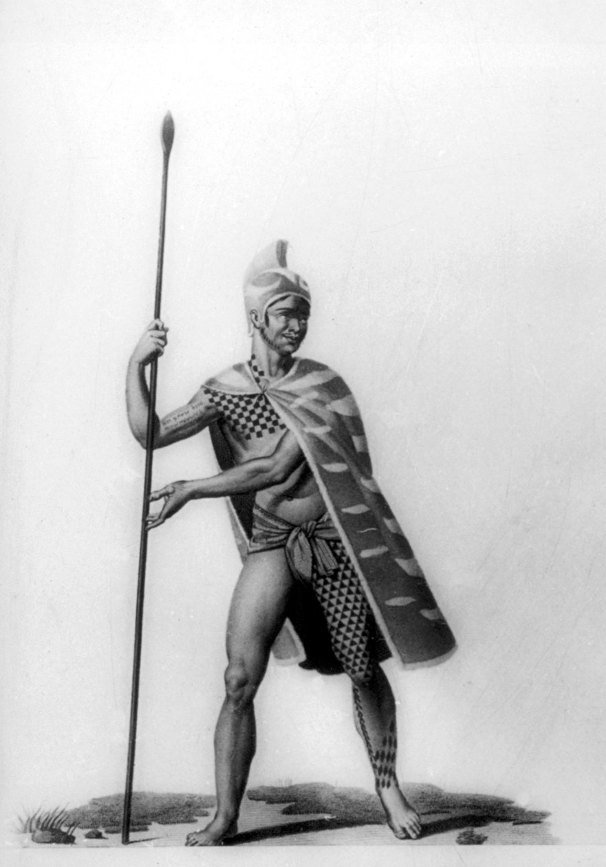 Ung officer iført et typisk kostume af malo, Hawaii, 1819 af Jacques Etienne Victor Arago