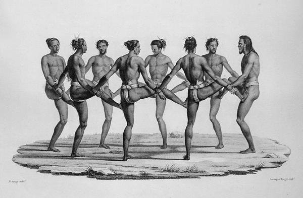Native Dance in the Caroline Islands, fra Voyage Autour du Monde sur les Corvettes de LUranie 1817-20 graveret af Lerouge and Forget, udgivet 1825 af Jacques Etienne Victor after Arago