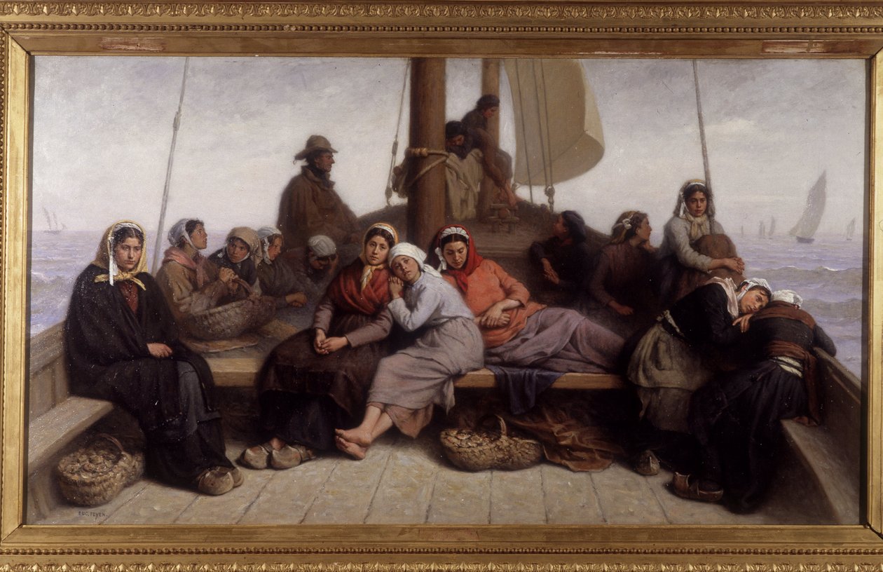 Østersfiskeri på dækket af en båd - Maleri af Eugene Feyen (1815-1908), n.d. af Jacques Eugene Feyen