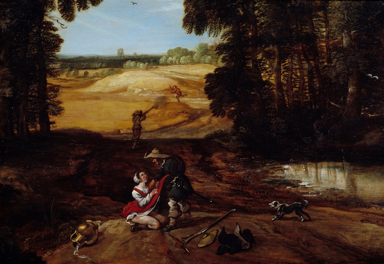 Baghold. Nogle røvere i skoven prædiker for at voldtage en kvinde. Maleri af Jacques Fouquieres (1580-1659) af Jacques Fouquieres