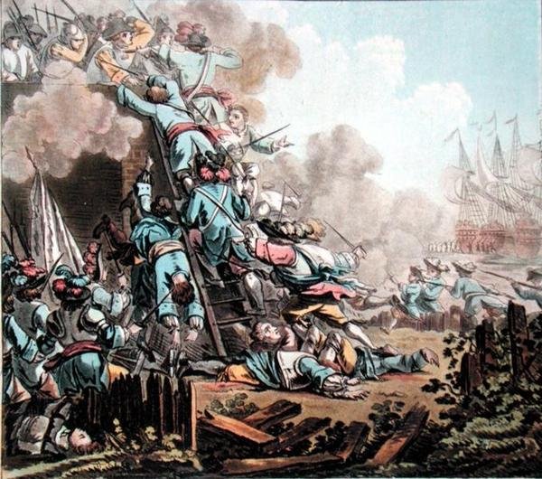 Tilfangetagelse af fortet San Salvador, Sicilien (1674), indgraveret af Jean Baptiste Morret (fl.1790-1820) af Jacques Francois Joseph (after) Swebach