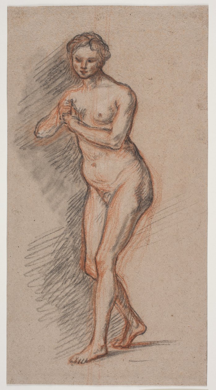 Kvindelig modelfigur med hænderne foran brystet af Jacques Francois Joseph Saly
