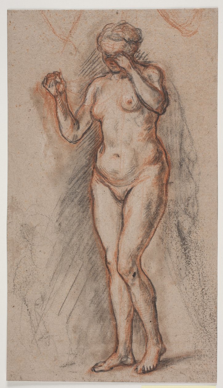 Kvindelig modelfigur med løftede arme, den venstre foran øjnene. af Jacques Francois Joseph Saly