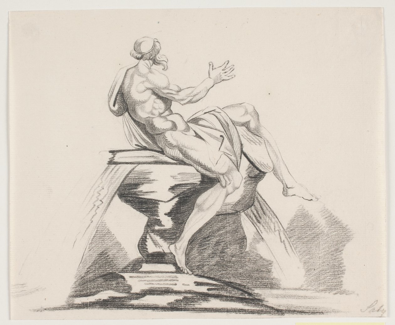 Mandlig skægget figur med gevandter set bagfra på en fontæne af Jacques Francois Joseph Saly