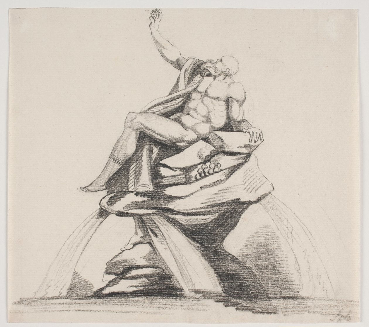 Mandlig skægget figur med gevandter set i profil m.v. på en fontæne af Jacques Francois Joseph Saly