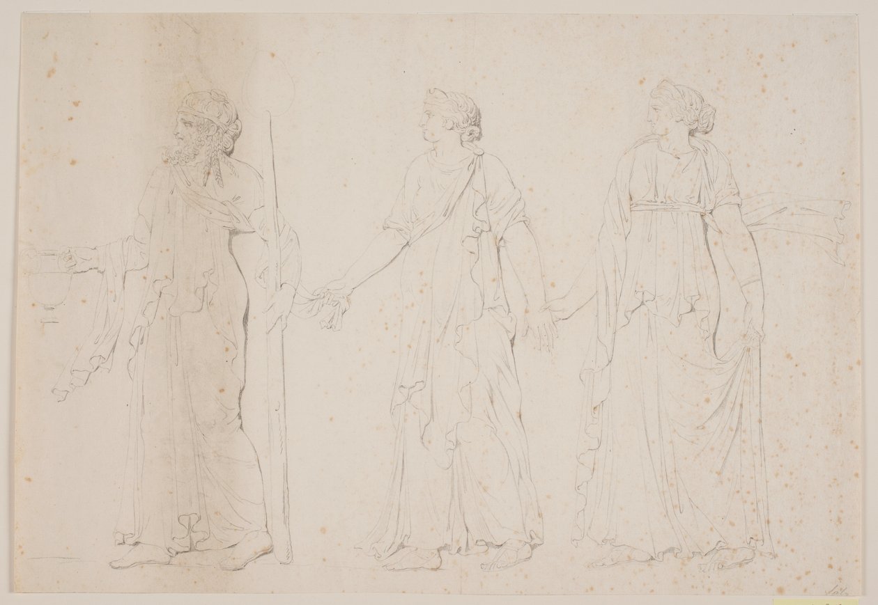 Offerhandling (?) Tre gående figurer i græske gevandter. Forrest en mand bærende en amfora og en stav eller fakkel, derefter to kvinder af Jacques Francois Joseph Saly