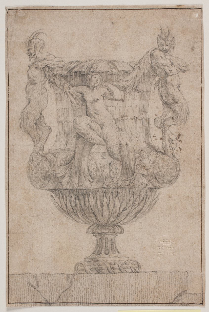 Prydvase med Pan, faun og nymfe. Kopi efter Pl. 14 i suiten af de i 1746 af Saly tegnede vaser. "Vasa a se inventa..." af Jacques Francois Joseph Saly