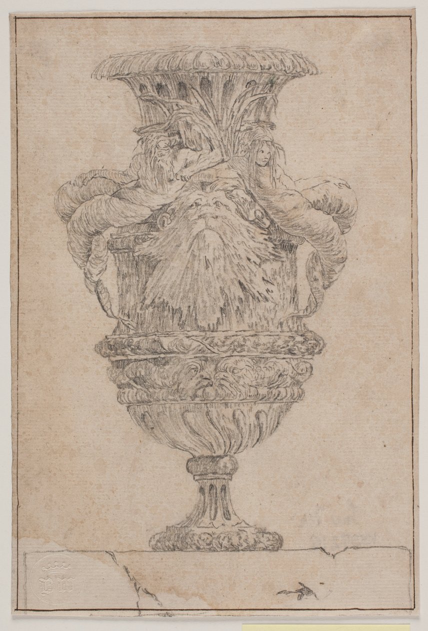 Prydvase med stort hoved, havgud og vandnymfe. Kopi efter Pl. 26 i suiten af de i 1746 af Saly tegnede vaser. "Vasa a se inventa..." af Jacques Francois Joseph Saly