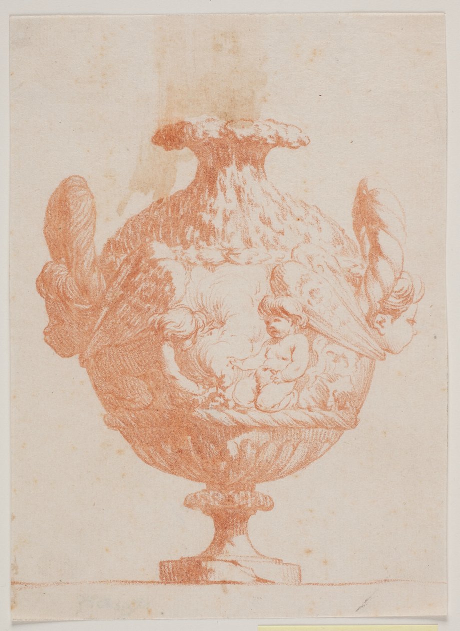 Prydvase med to hoveder og to putti. Kopi efter pl. 19 i suiten af de i 1746 f Saly tegnede vaser. "Vasa a se inventa..." af Jacques Francois Joseph Saly