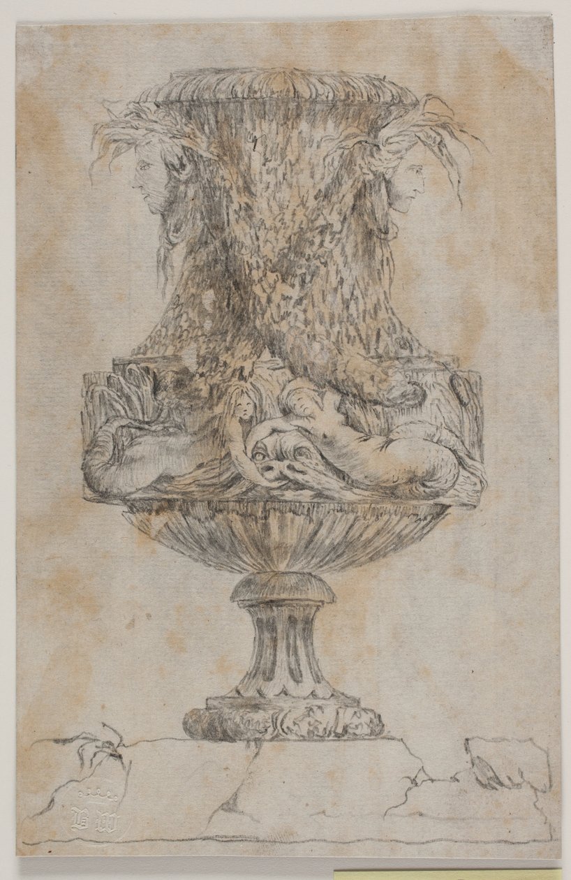 Prydvase med to hoveder og to vandnymfer. Kopi efter Pl. 20 i suiten af de i 1746 af Saly tegnede vaser. "Vasa a se inventa..." af Jacques Francois Joseph Saly
