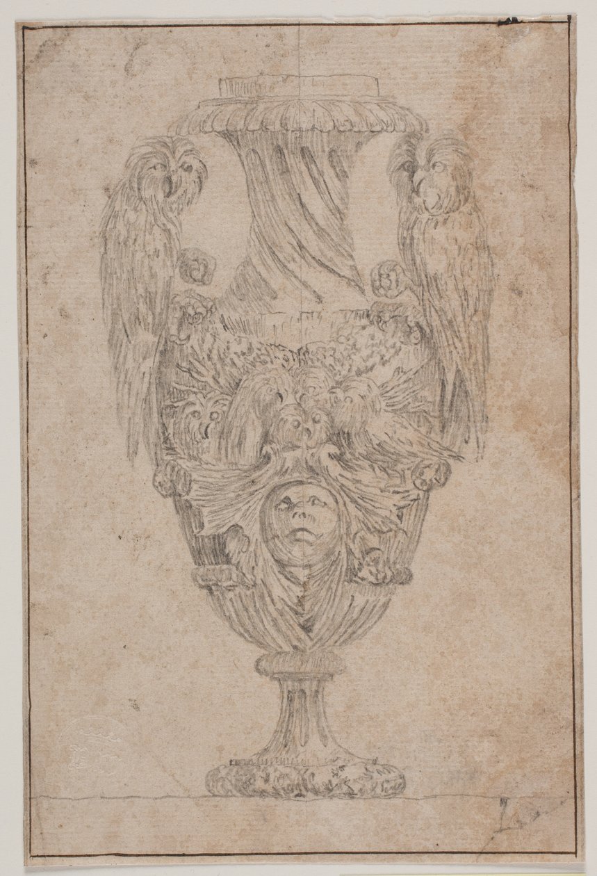 Prydvase med to ugler og et hoved. Kopi efter Pl. 15 i suiten af de i 1746 af Saly tegnede vaser, "Vasa a se inventa..." af Jacques Francois Joseph Saly