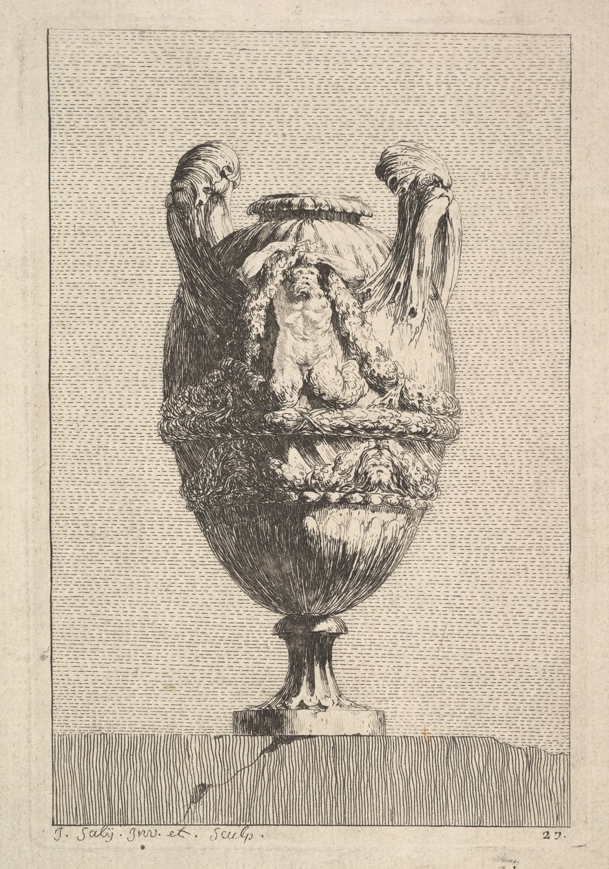Vase med en mandlig sirene, der holder en krans op, fra: Vaser, 1746. af Jacques Francois Joseph Saly